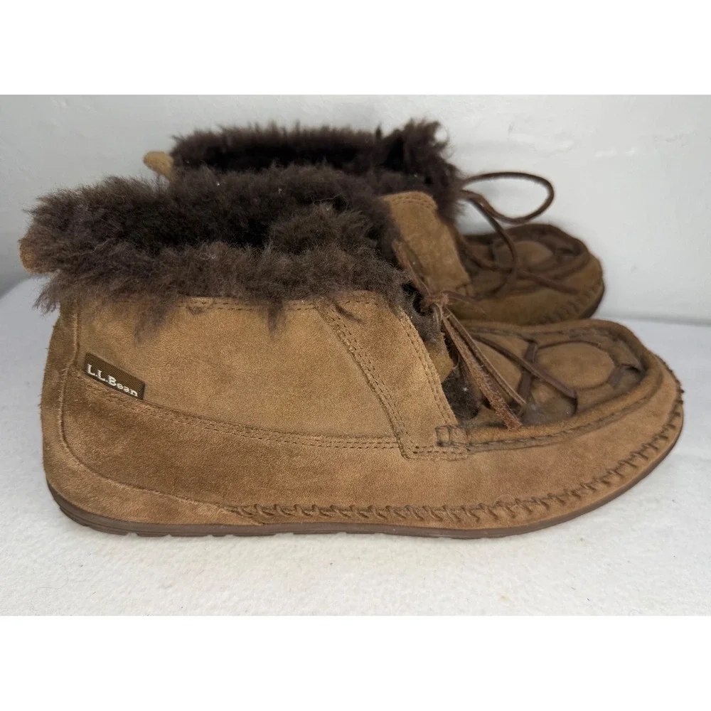LL Bean Wicked Good Lodge Boots Brown Suede Shearling Moccasin Mens 11 290572